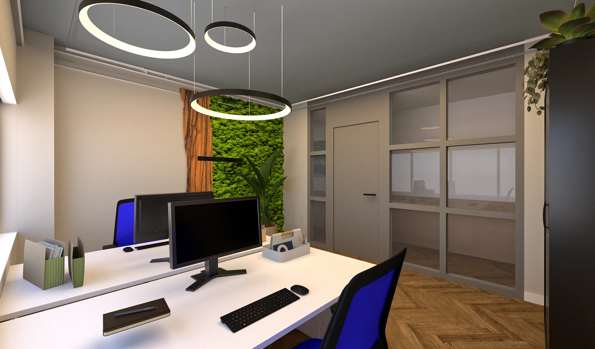 3D-ontwerp van een kantoor met witte bureaus, blauwe stoelen en een moswand