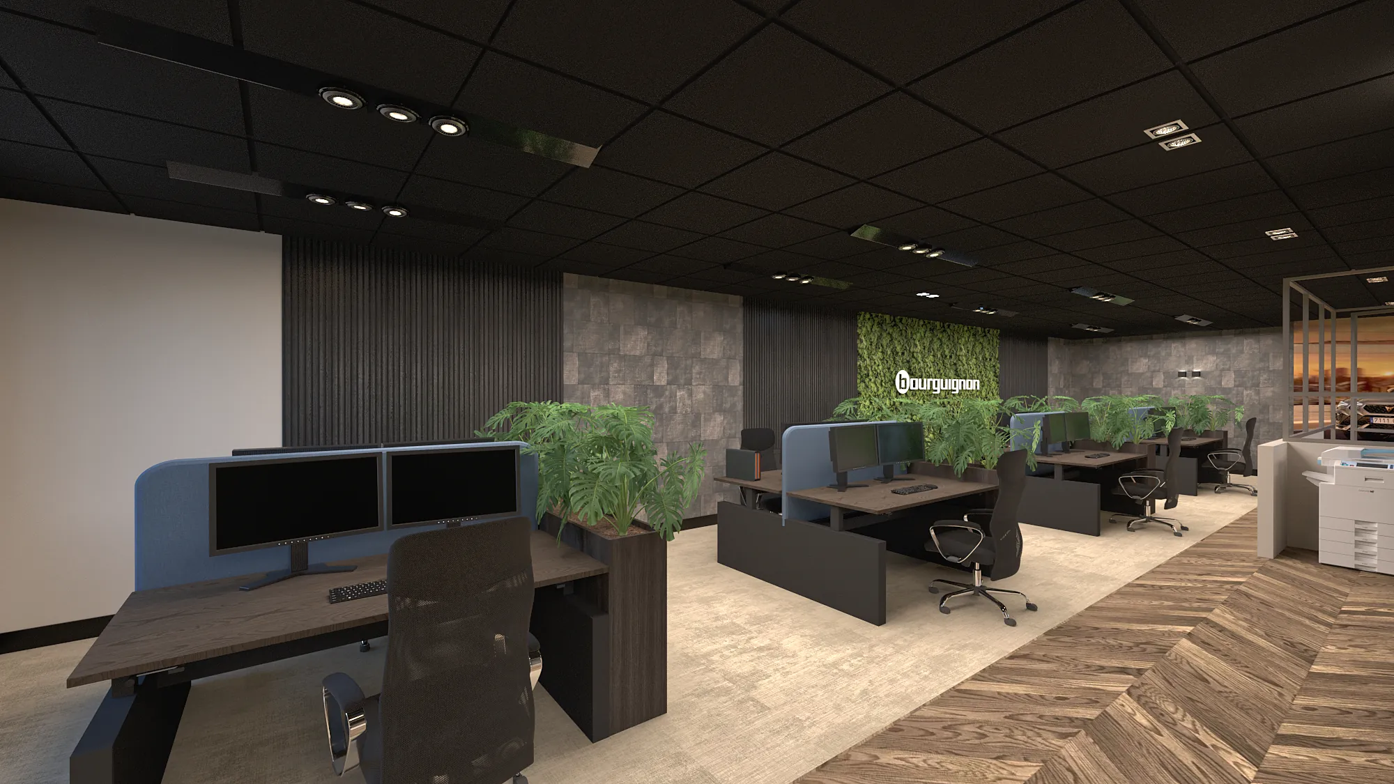3D-ontwerp van de werkvloer van Bourguignon Lease met plantenbakken tussen de bureaus