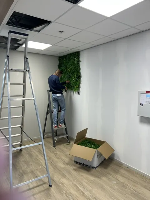 Een vakman op een trapje zet de eerste panelen van de moswand in een lege ruimte, met een doos vol groen op de vloer