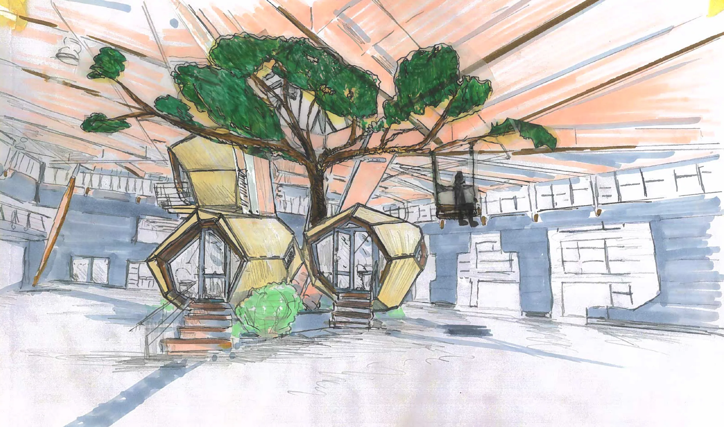 Een tekening in kleur van een boom met zeshoekige houten hutten eromheen