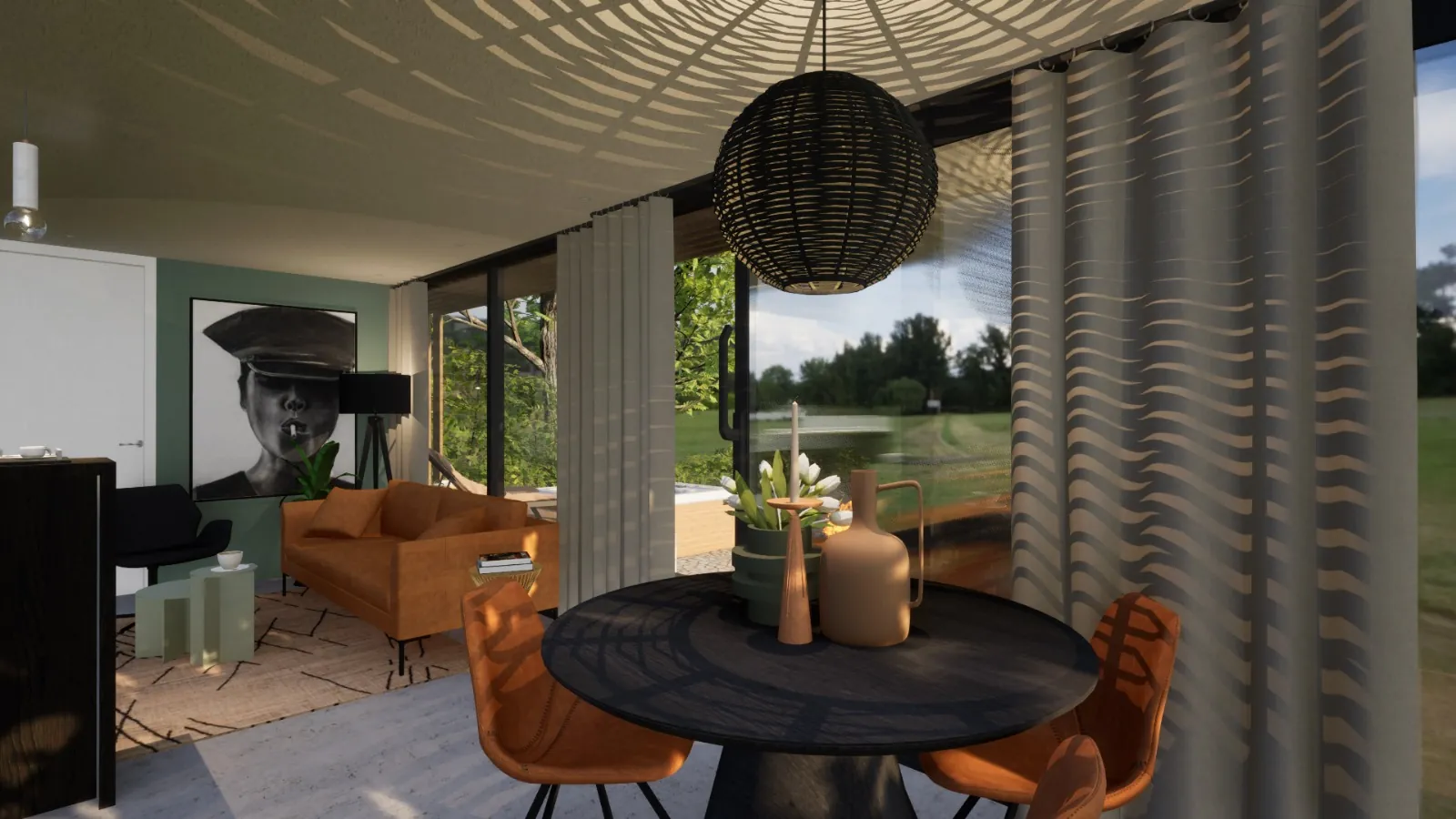 3D-ontwerp van een ronde eettafel met oranje stoelen en een rieten hanglamp