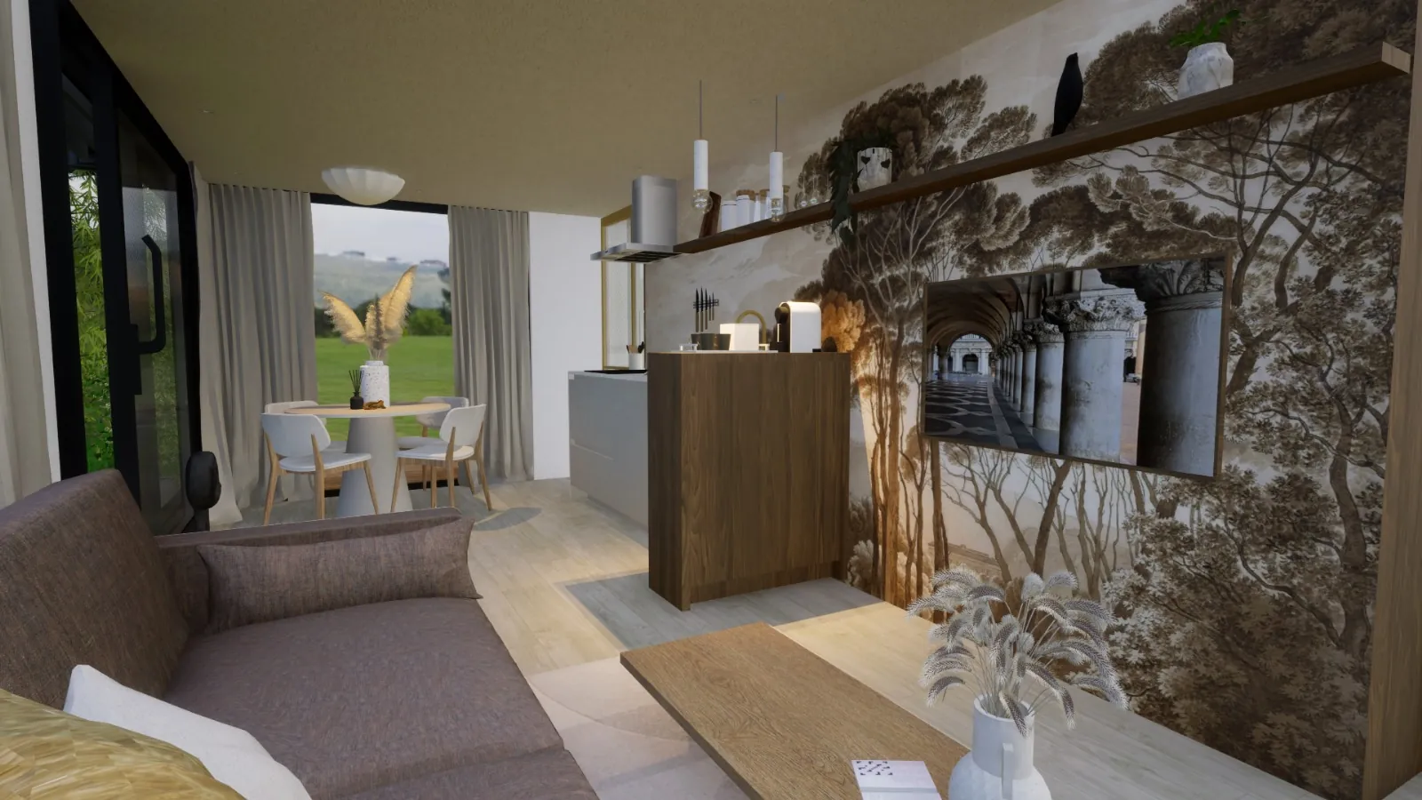 De render van de woonkamer in een vakantiechalet, met een behang van bomen en een bank