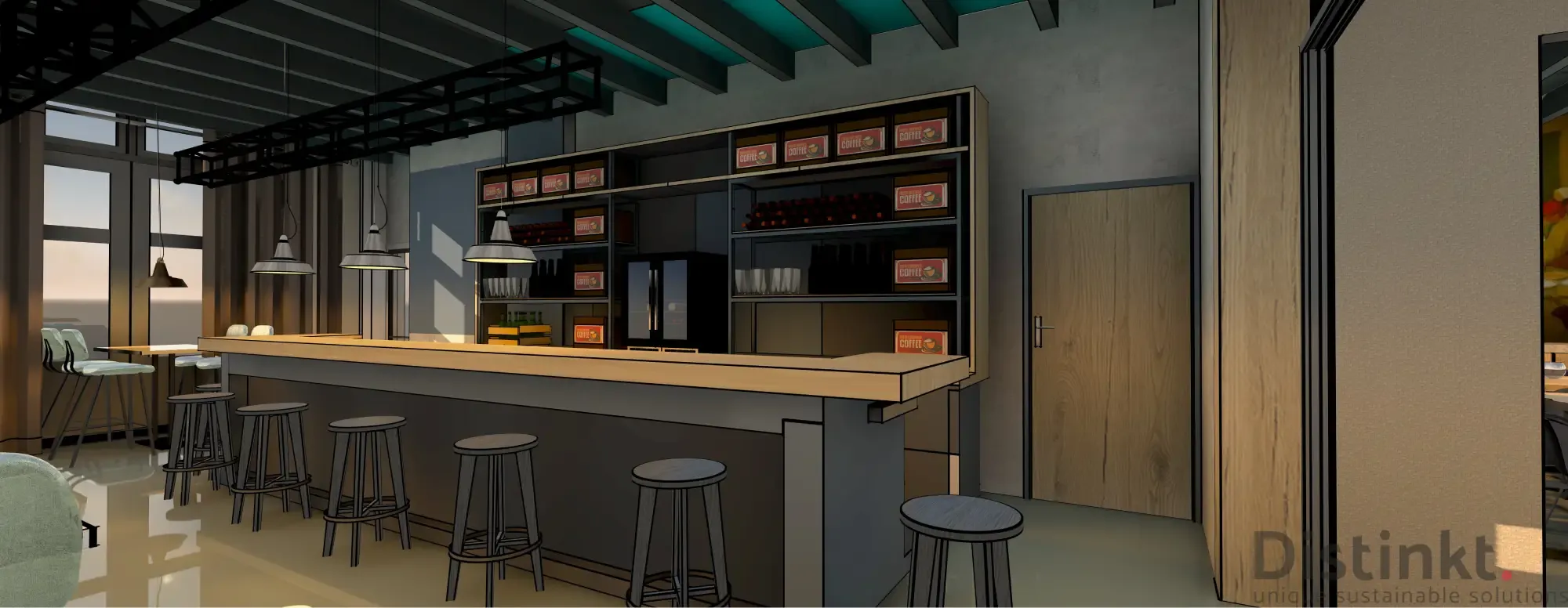 3D-ontwerp van de bar met krukken en een kastenwand