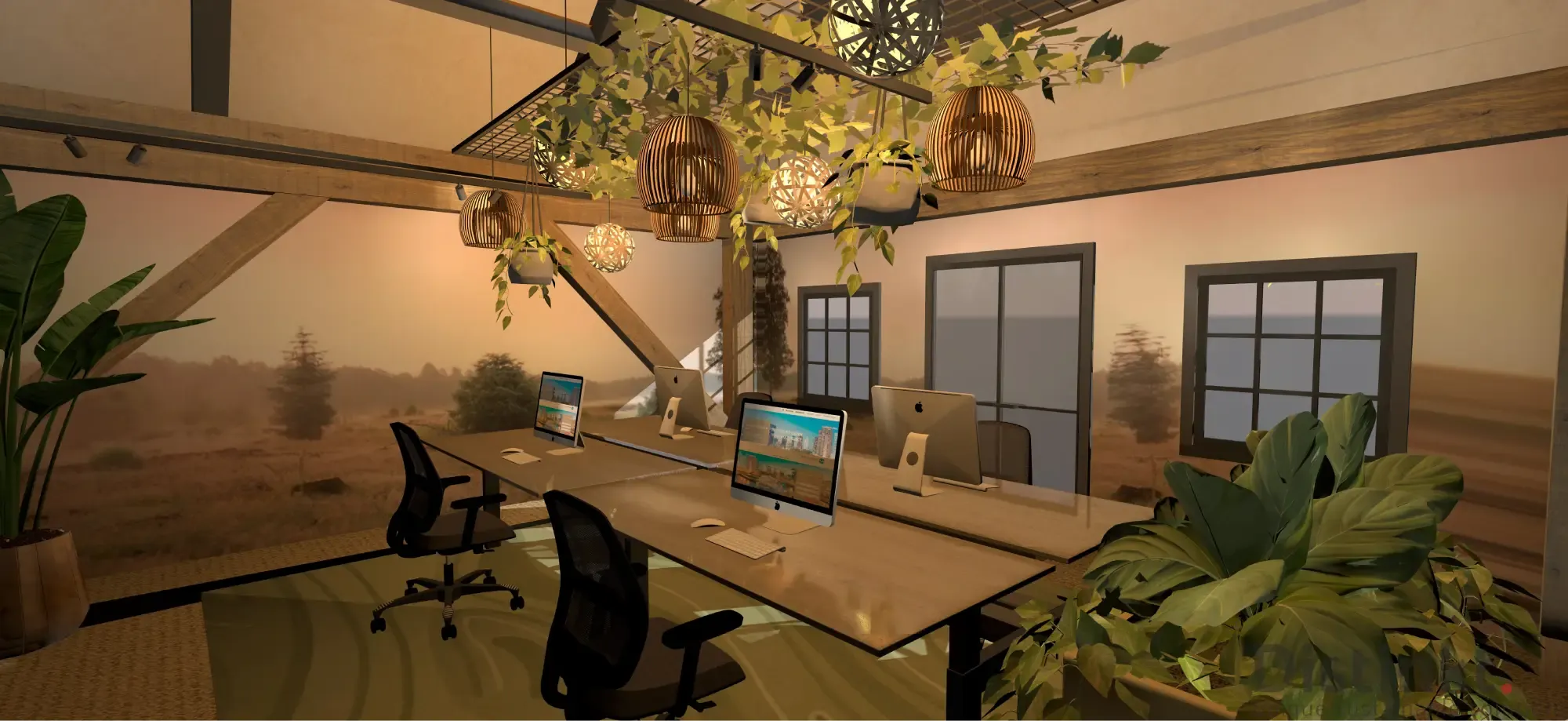 3D-ontwerp van de zolder met werkplekken, planten en een landschap op de wand
