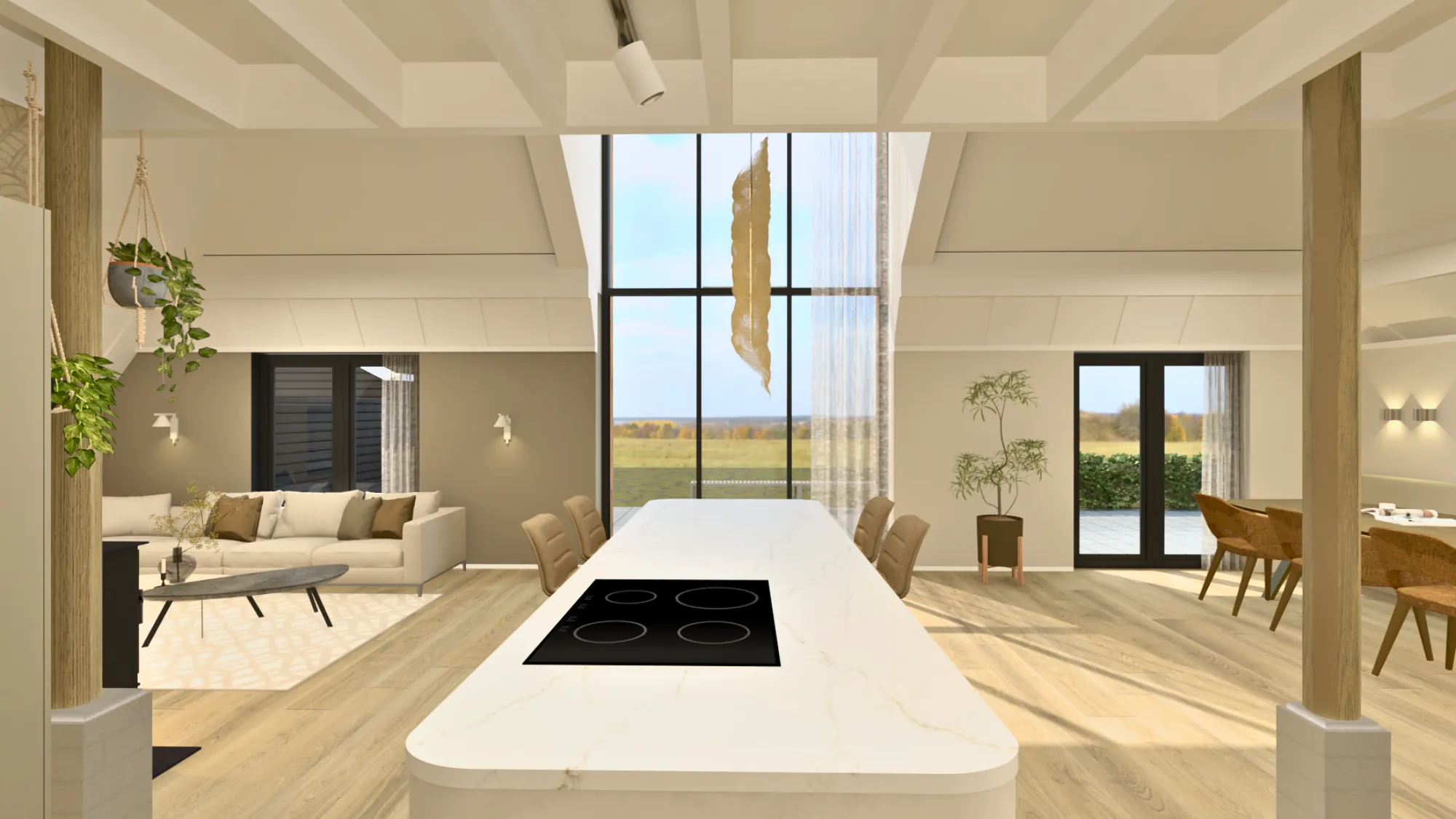 3D-ontwerp van het eiland met inductiekookplaat voor de grote pui