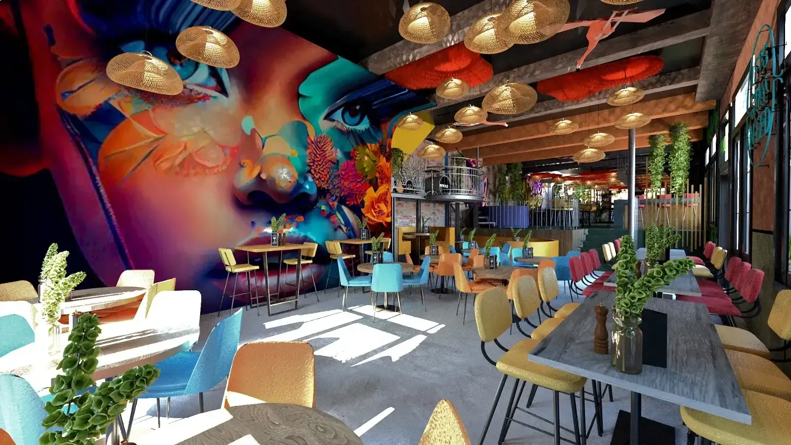 De render van het restaurant van PJ's met een grote muurschildering van een gezicht