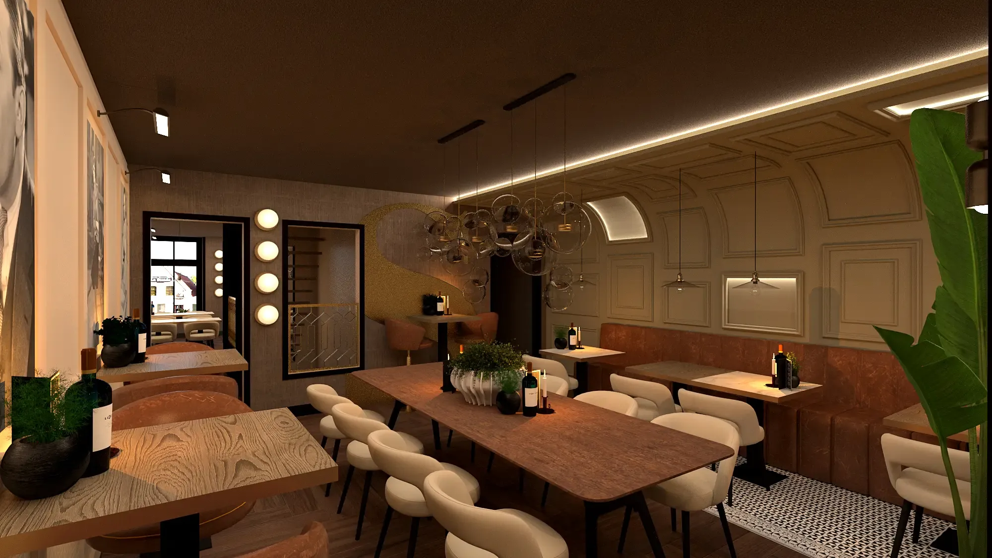 3D-ontwerp van een lange bank met tafels en een verlichte plafondrand