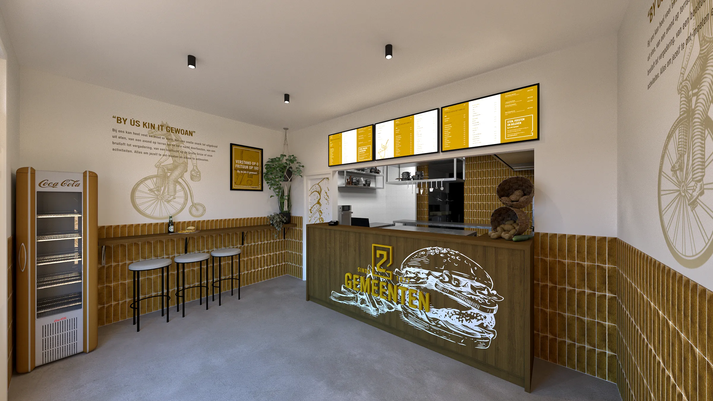 De render van de gele balie van de snackbar, met het logo en een tekening van een burger