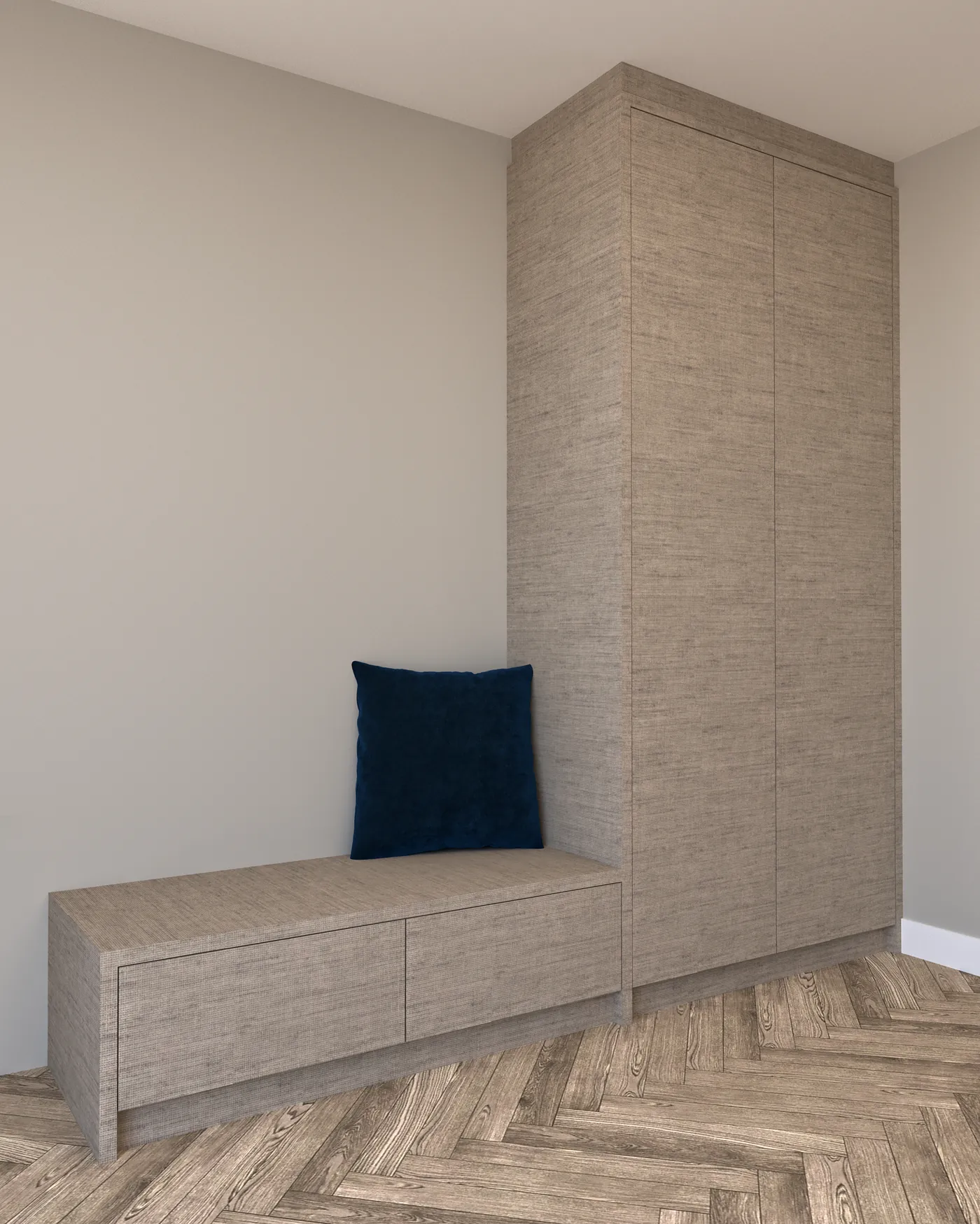 3D-ontwerp van een halkast met een bank en een hoge kast in lichte houtlook