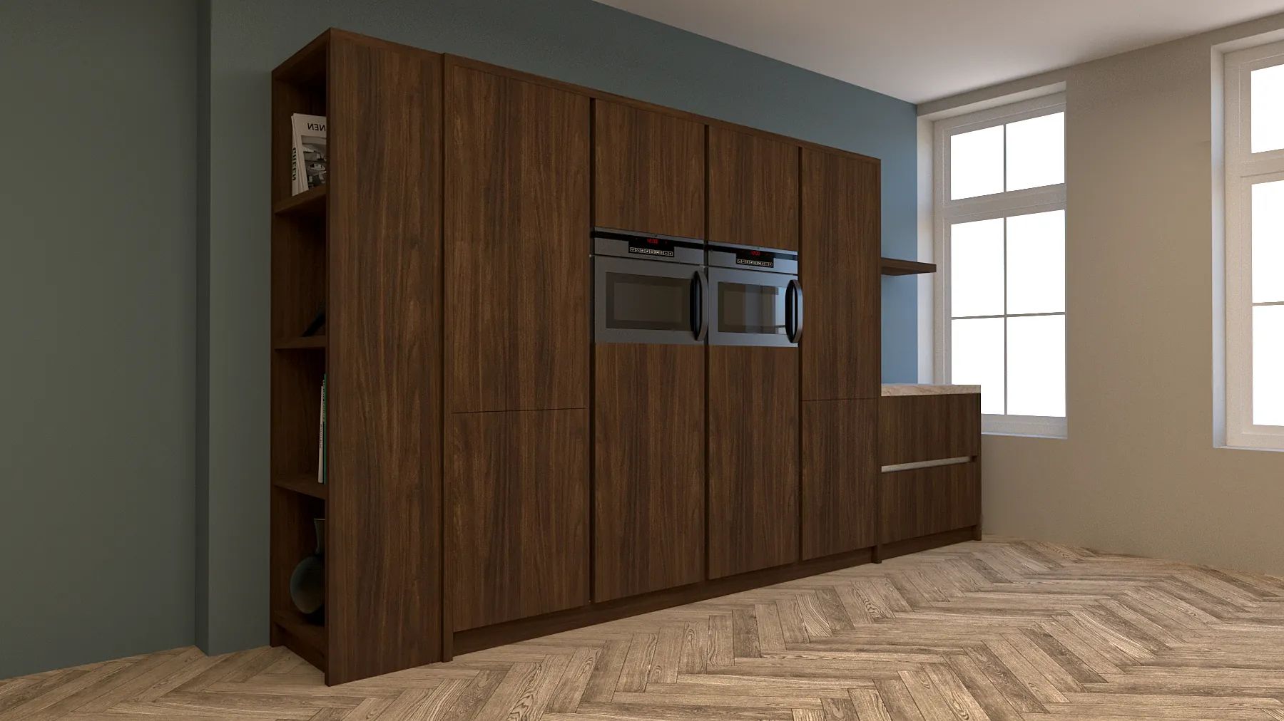 3D-ontwerp van een kastenwand voor de keuken in donker hout met ingebouwde apparatuur