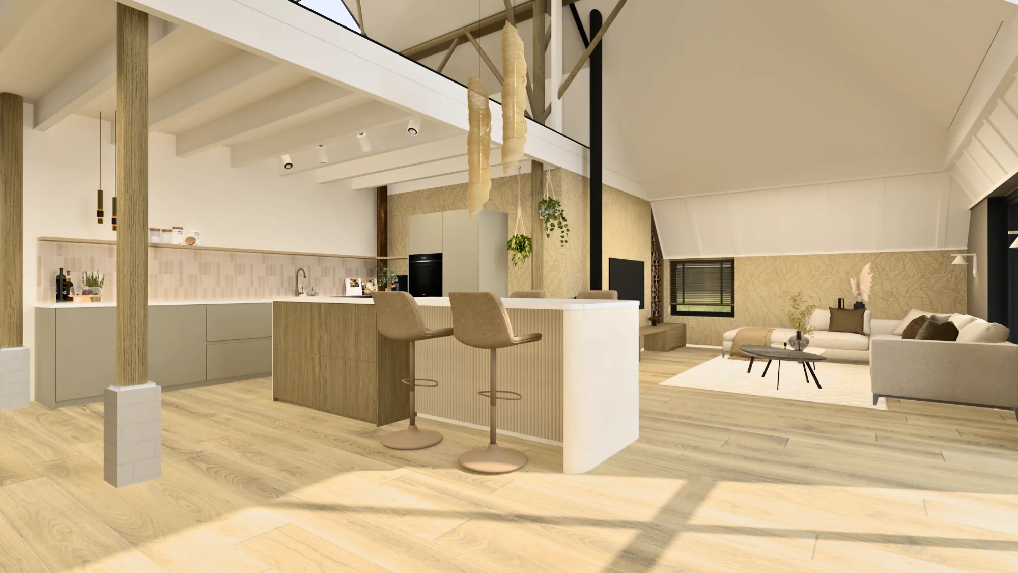 Ontwerp van een woonkeuken met eiland onder een houten kap, met zicht op de zithoek